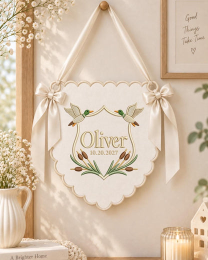 Personalized Duck Embroidered Baby Name Banner, Custom Mallard Nursery Wall Hanging, Baby Boy Name Sign, Woodland Baby Shower Gift