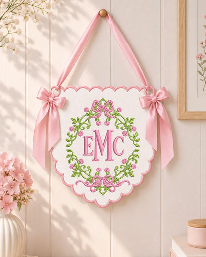 Personalized Floral Monogram Embroidered Banner, Custom Initial Nursery Wall Hanging, Bow Baby Name Sign, Baby Shower Gift