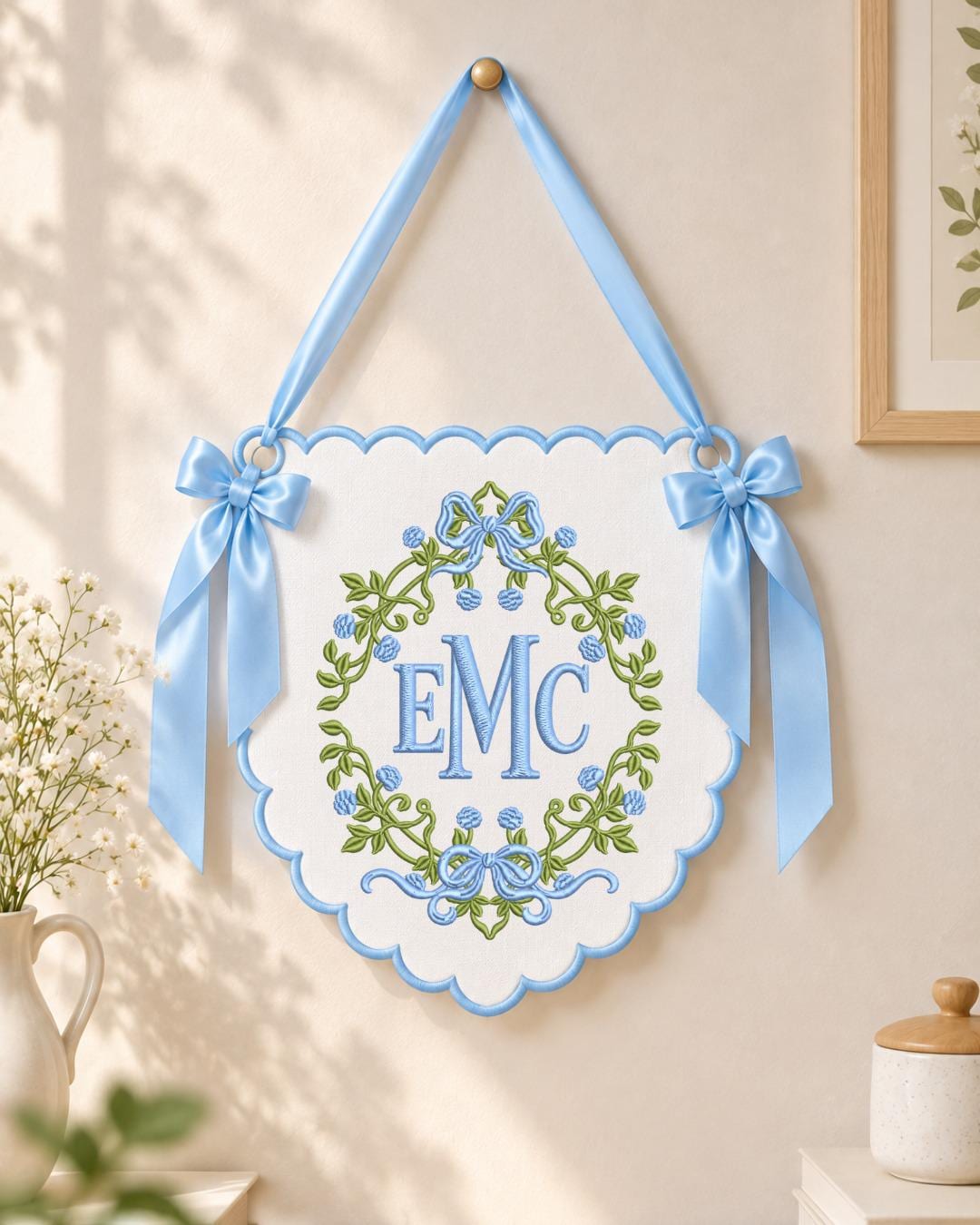 Personalized Floral Monogram Embroidered Banner, Custom Initial Nursery Wall Hanging, Bow Baby Name Sign, Baby Shower Gift