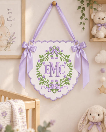 Personalized Floral Monogram Embroidered Banner, Custom Initial Nursery Wall Hanging, Bow Baby Name Sign, Baby Shower Gift