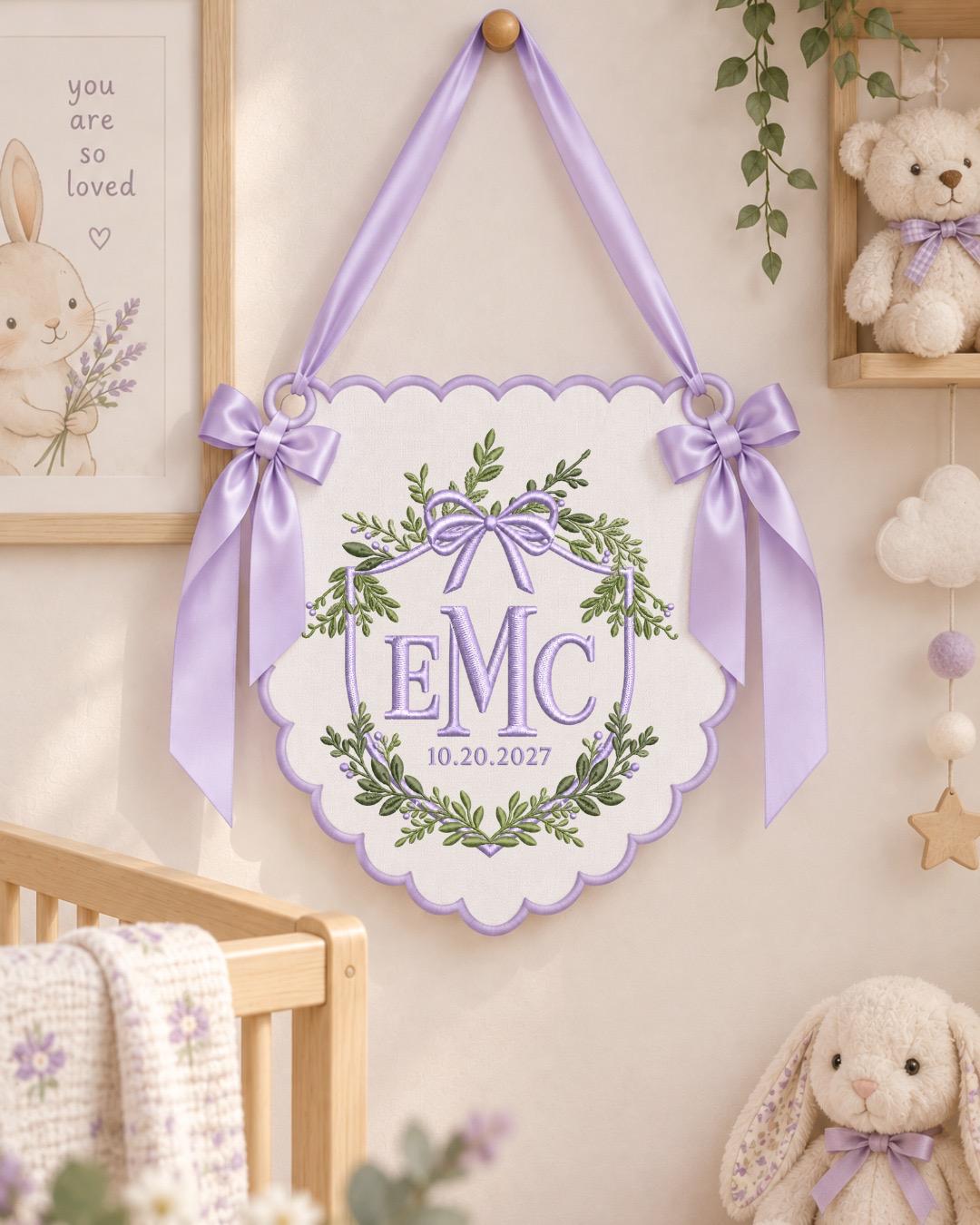 Personalized Floral Monogram Embroidered Banner, Custom Initial and Date Wall Hanging, Botanical Bow Nursery Decor, Baby Shower Gift