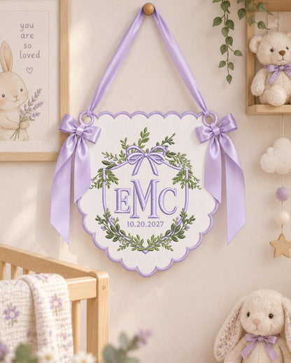 Personalized Floral Monogram Embroidered Banner, Custom Initial and Date Wall Hanging, Botanical Bow Nursery Decor, Baby Shower Gift