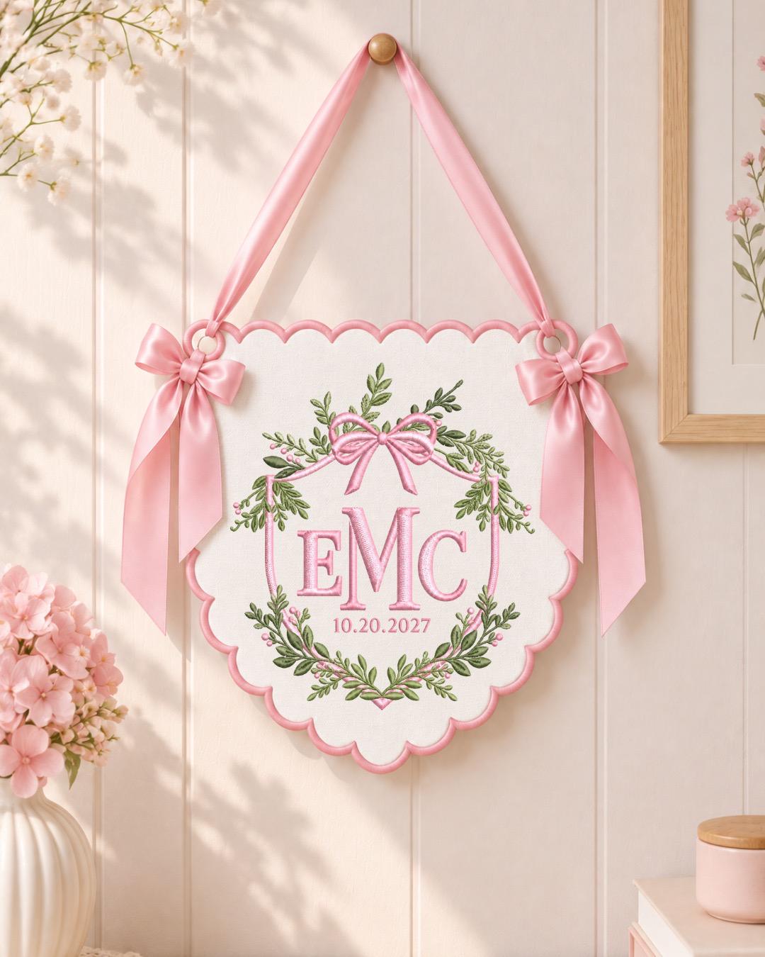 Personalized Floral Monogram Embroidered Banner, Custom Initial and Date Wall Hanging, Botanical Bow Nursery Decor, Baby Shower Gift