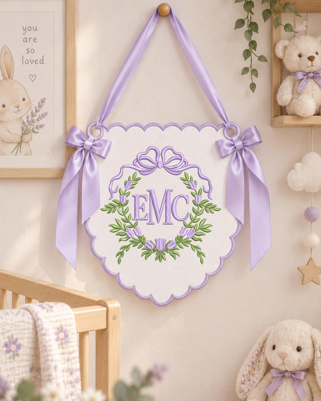 Personalized Floral Monogram Embroidered Banner, Custom Initial Baby Name Wall Hanging, Bow Nursery Decor, Baby Girl Boy Shower Gift