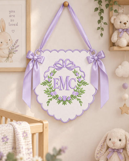 Personalized Floral Monogram Embroidered Banner, Custom Initial Baby Name Wall Hanging, Bow Nursery Decor, Baby Girl Boy Shower Gift